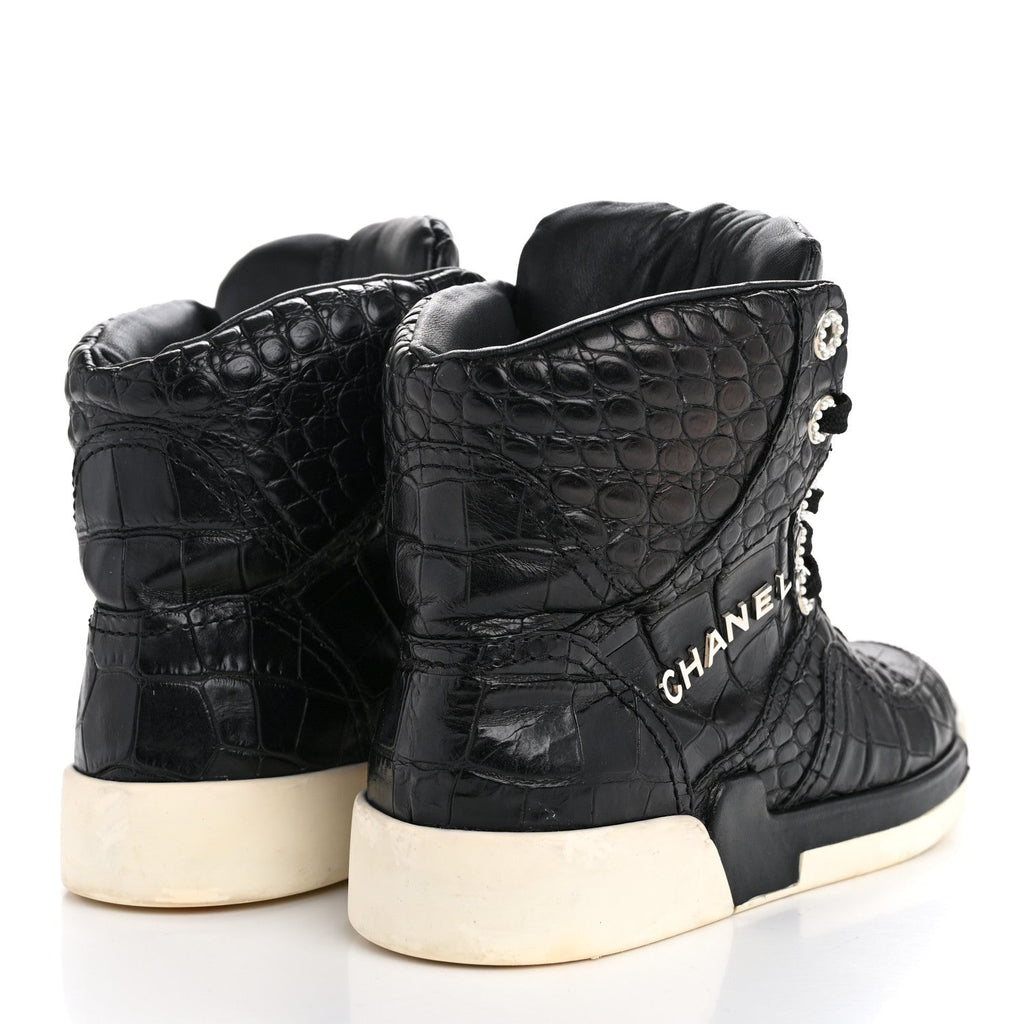 Calfskin Crocodile Embossed Cocodile High Top Sneakers 36.5 Black