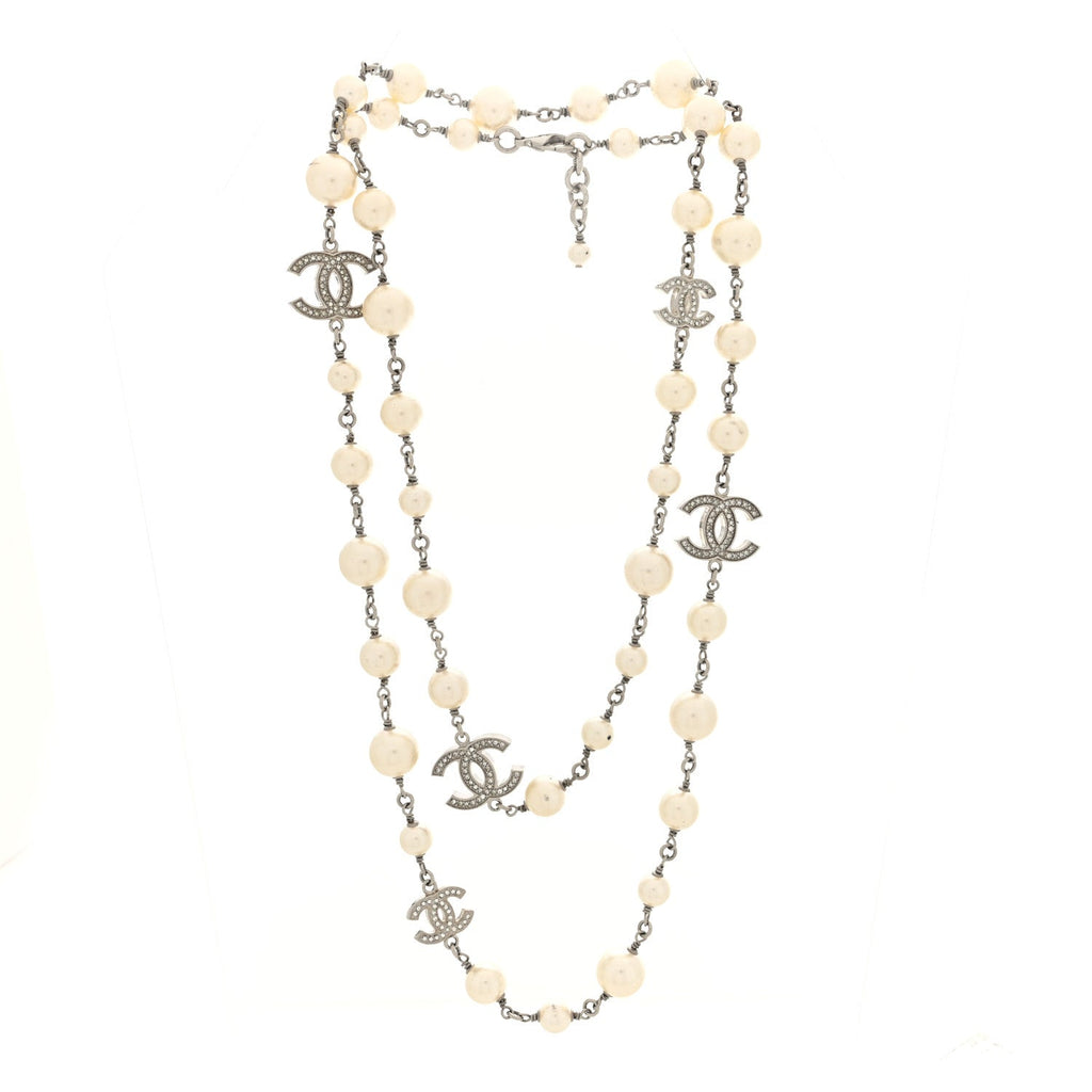 Graduated Pearl Crystal CC Long Necklace Silver