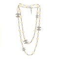 Graduated Pearl Crystal CC Long Necklace Silver