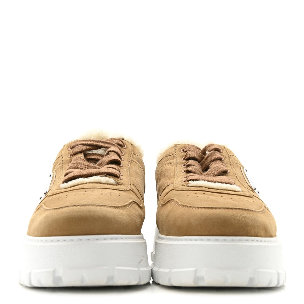 Prada Suede Shearling Triangle Logo Downtown Sneakers 40 Ecru