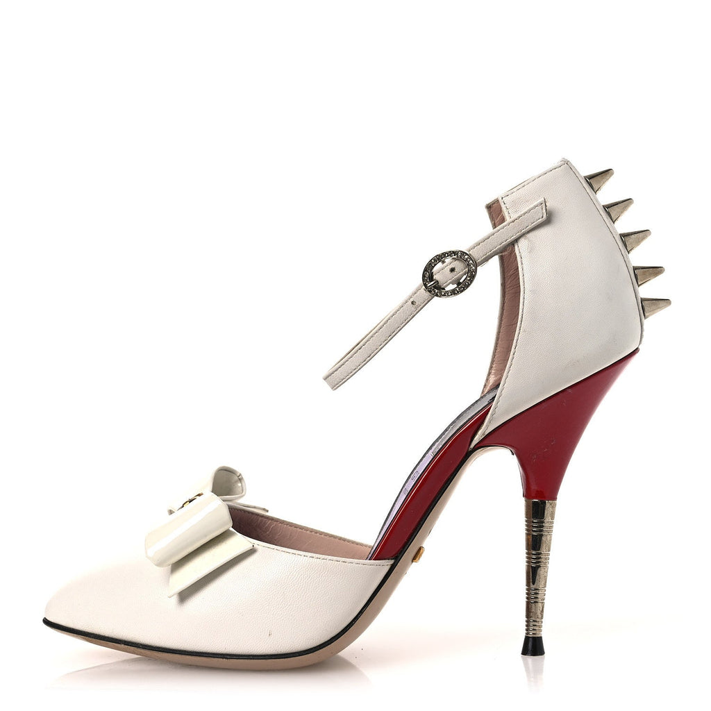 Gucci Calfskin Crystal GG Bow Sadie Spike Ankle Strap d'Orsay High Heel Pumps 35.5 White