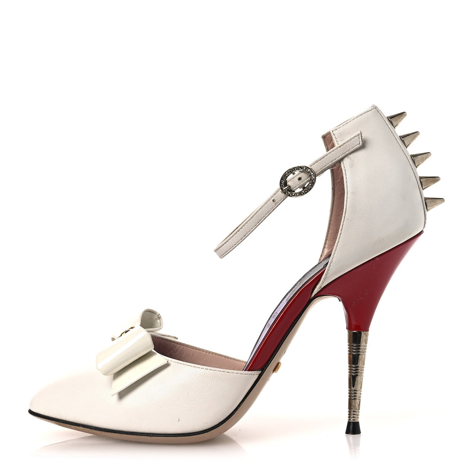 Gucci Calfskin Crystal GG Bow Sadie Spike Ankle Strap d'Orsay High Heel Pumps 35.5 White