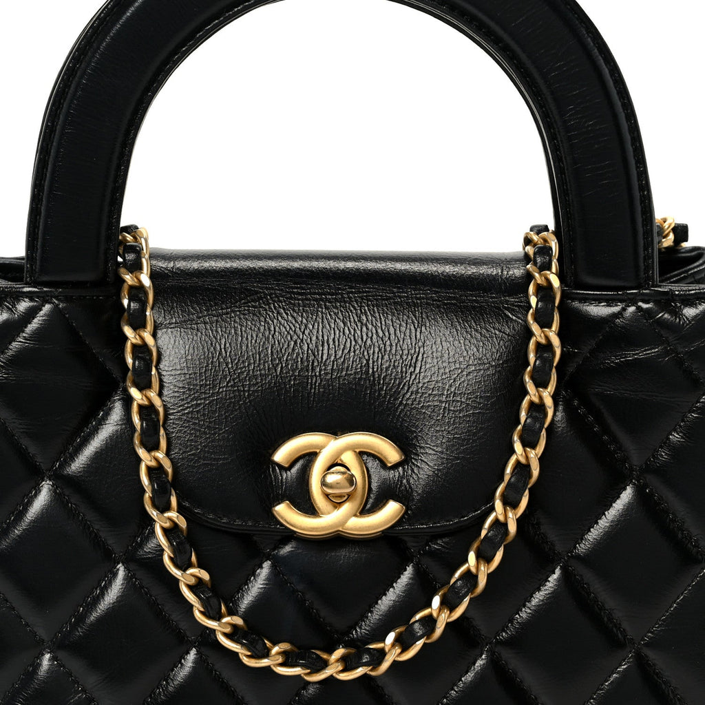 Chanel Shiny Aged Calfskin Quilted Nano Kelly Shopper Black