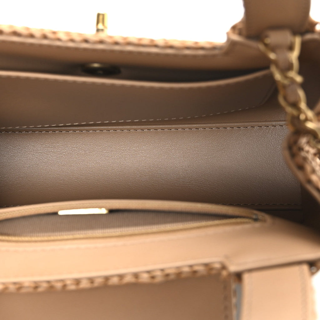Chanel Braided Raffia Nano Kelly Flap Bag Dark Beige