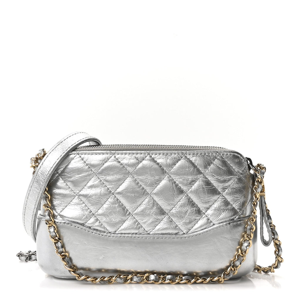 Chanel Metallic Lambskin Calfskin Quilted Small Gabrielle Clutch With Chain Silver