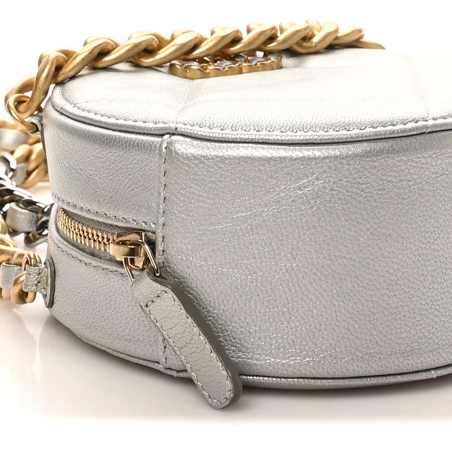 Chanel Metallic Lambskin Quilted Chanel 19 Round Clutch With Chain Silver
