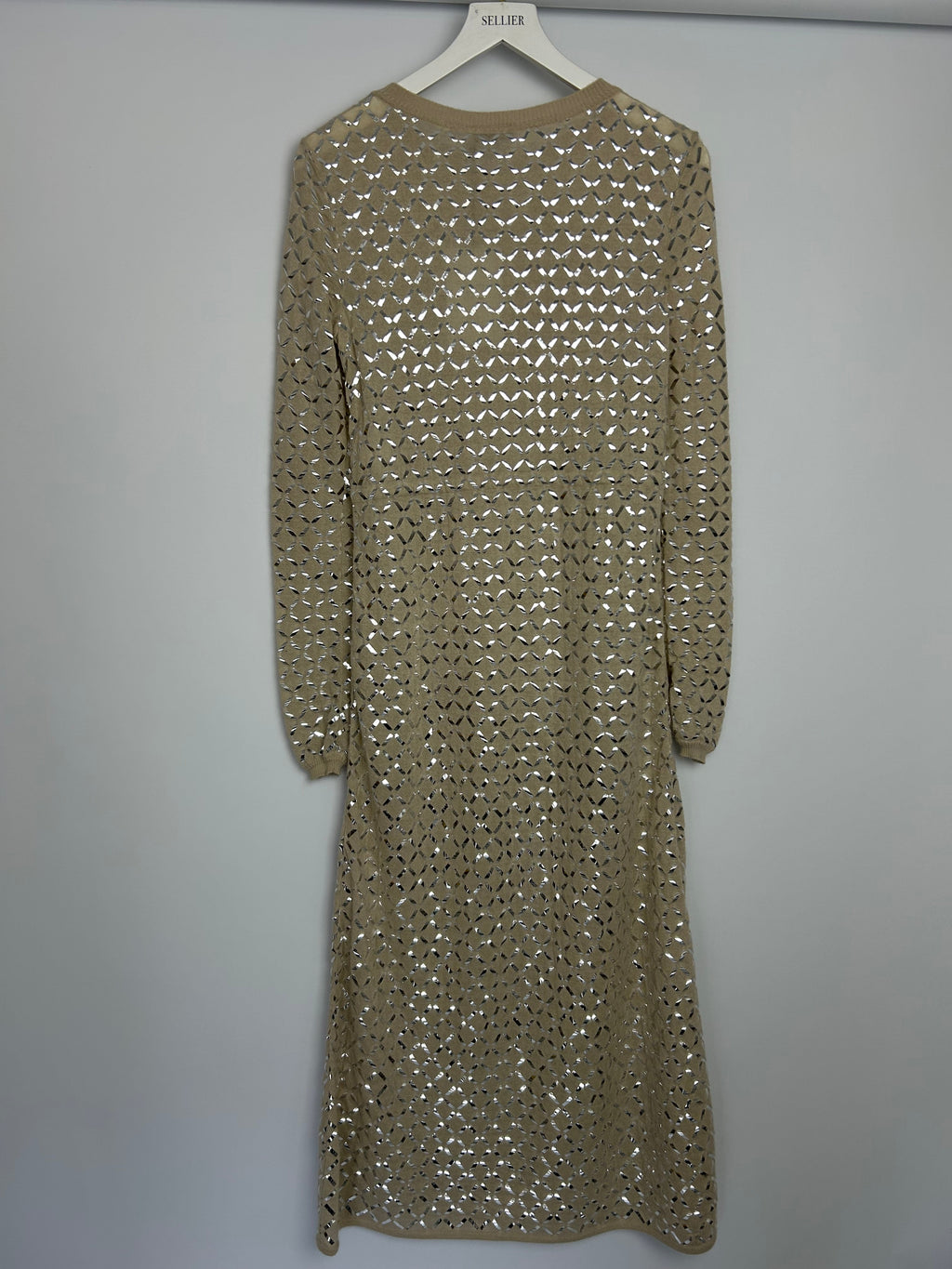 Chanel Cream Angora & Silk Long Sleeve Maxi Dress with Silver Metallic Detail & Drawstring Waist Size FR 34 (UK 6)