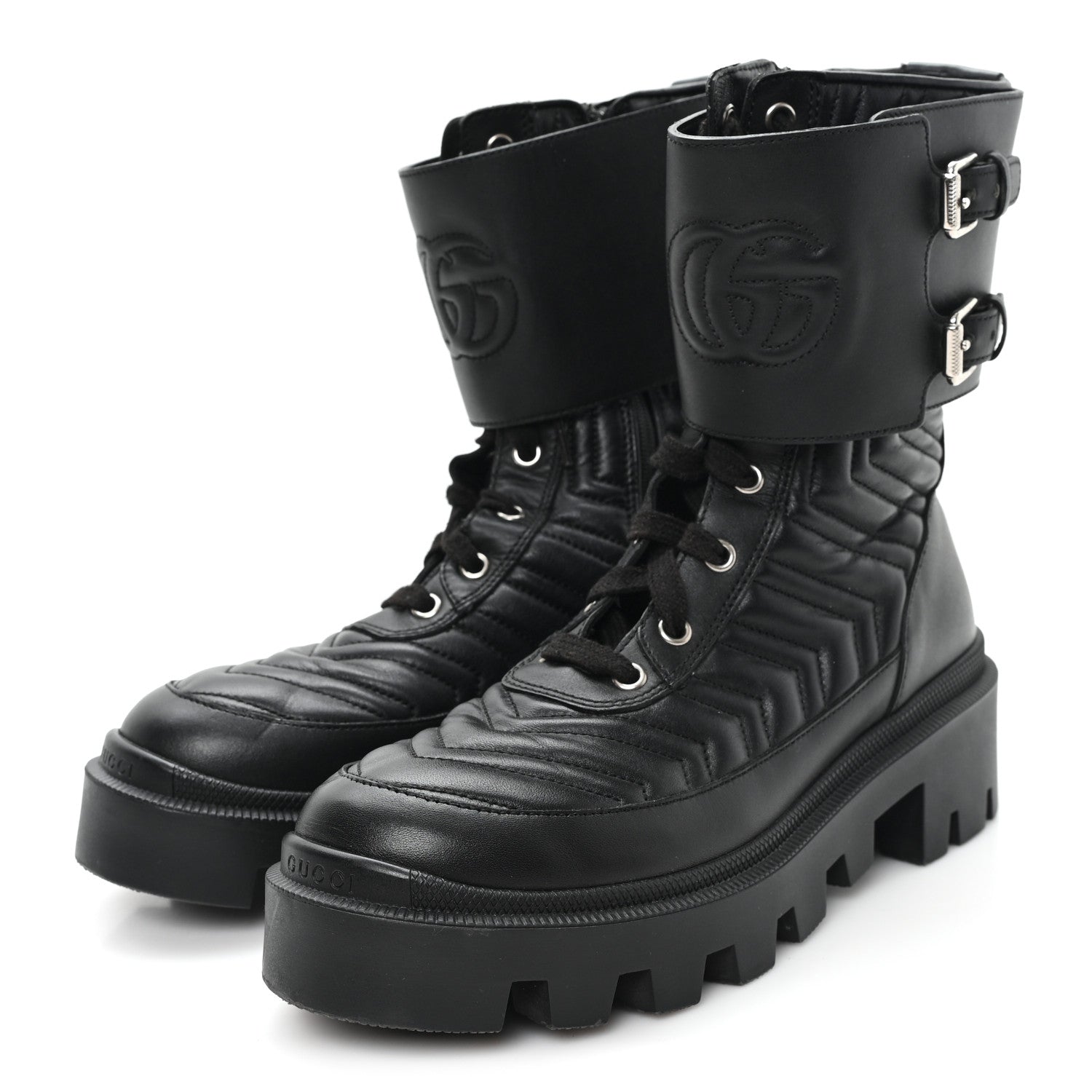 Gucci Nappa Frances GG Matelasse Platform Combat Boots 37 Black