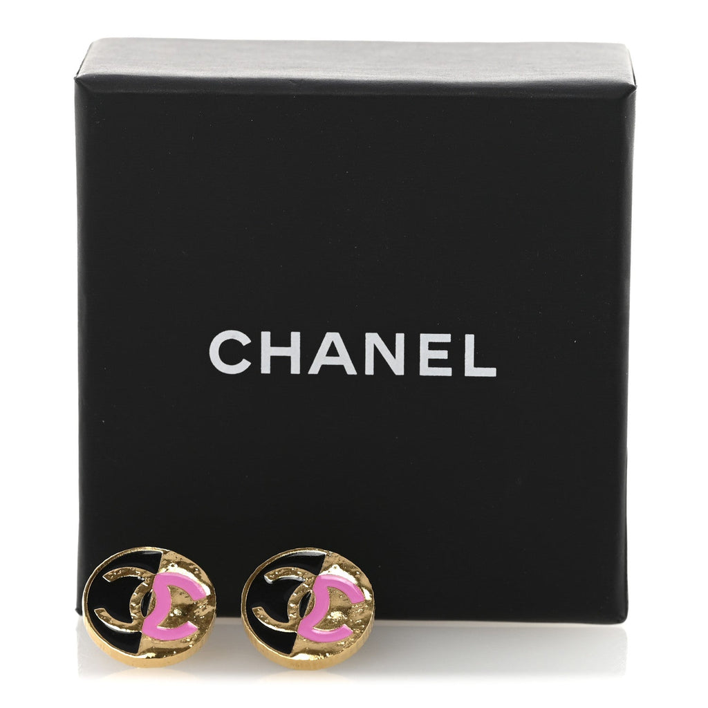 Metal Enamel CC Round Earrings Gold Pink Black