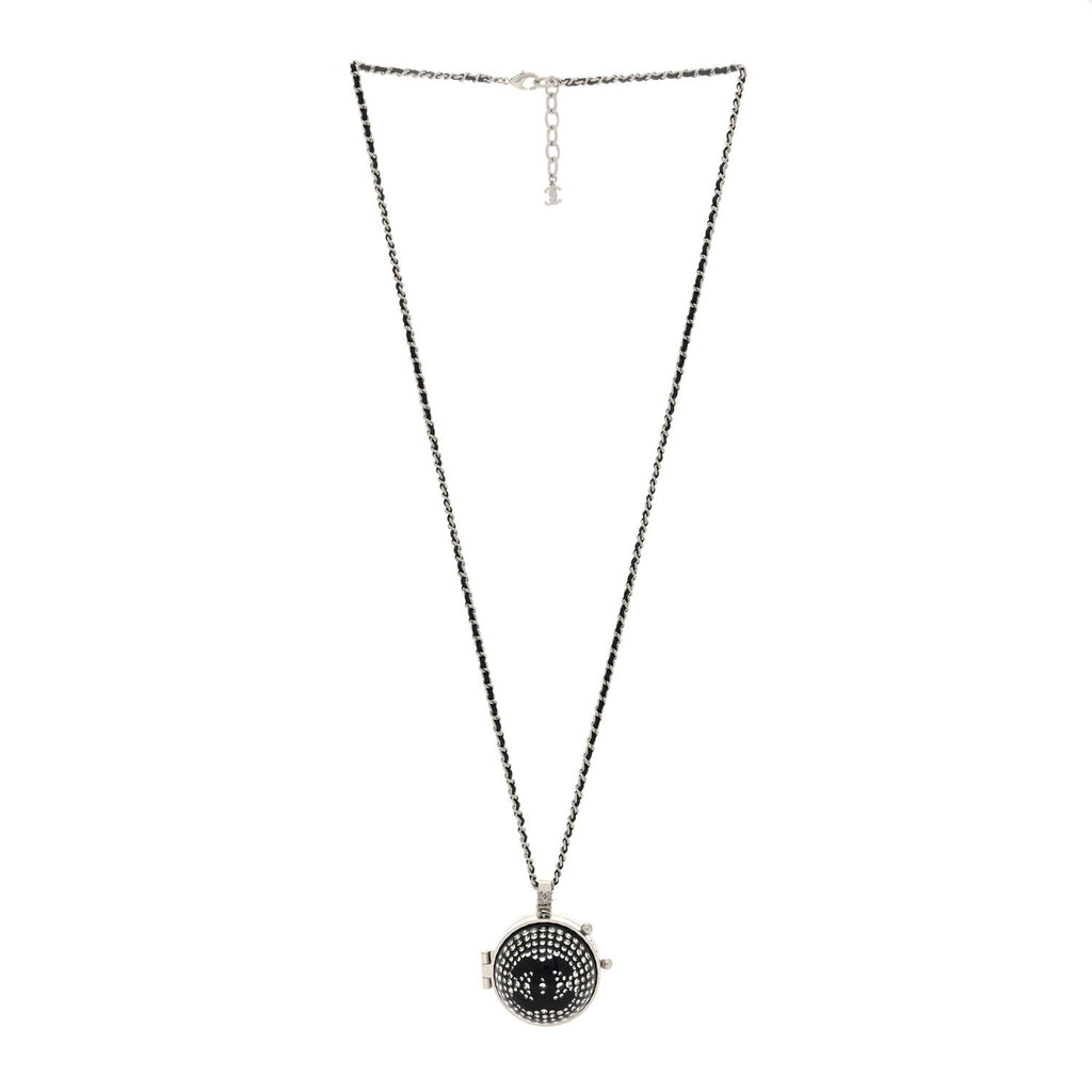 Resin Crystal Lambskin Ball Mirror Necklace Black Silver