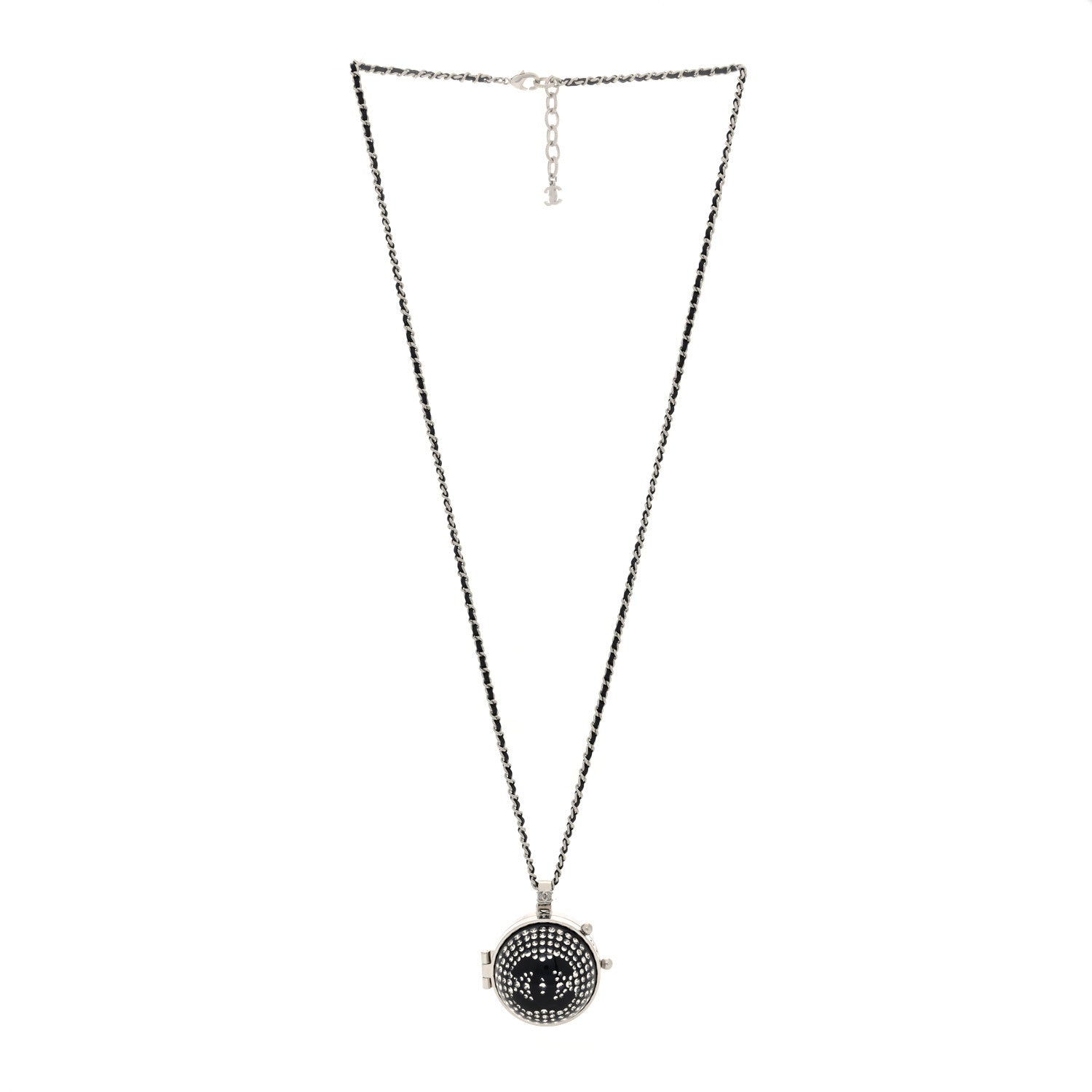Resin Crystal Lambskin Ball Mirror Necklace Black Silver