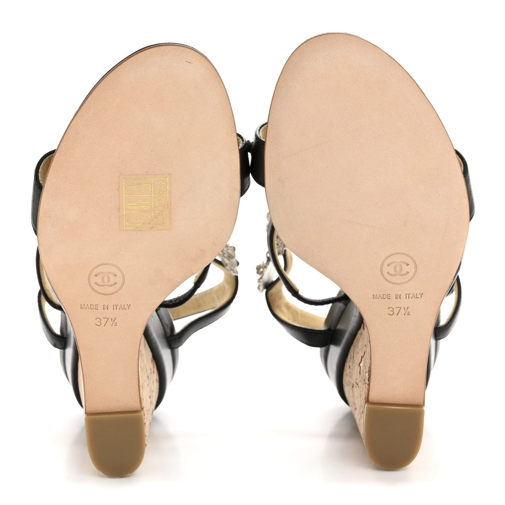 Lambskin Cork Camellia Wedge Sandals 37.5 Black