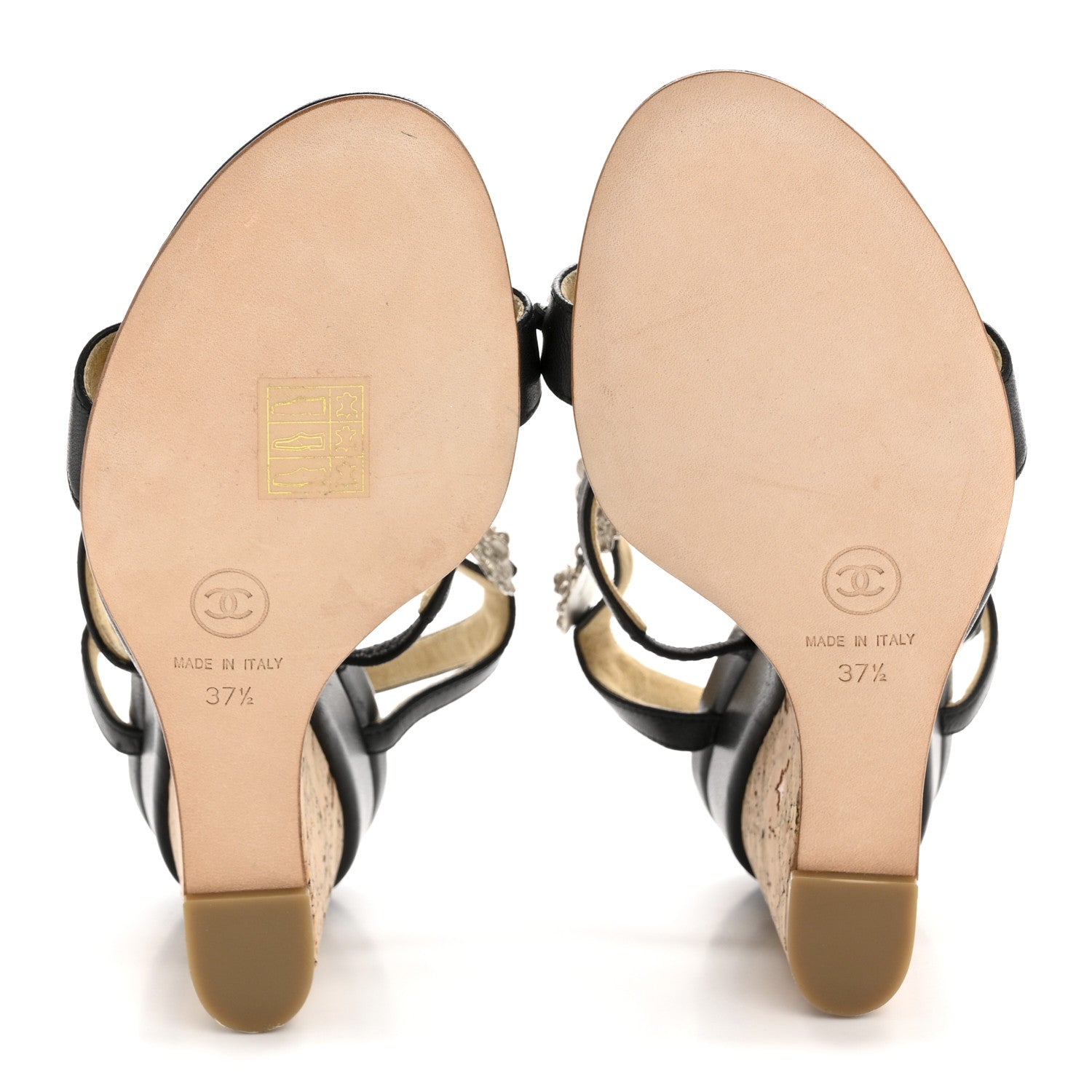 Lambskin Cork Camellia Wedge Sandals 37.5 Black