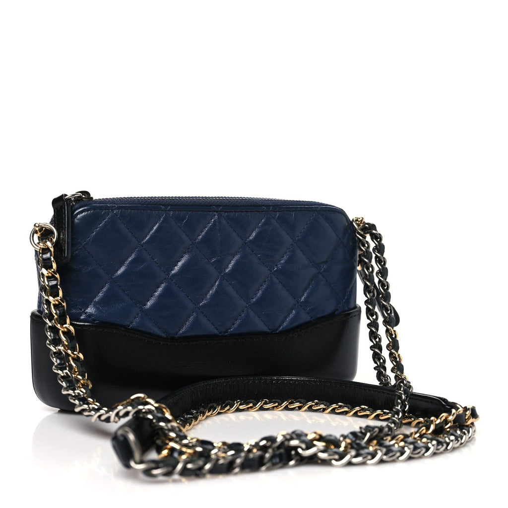 Chanel Aged Calfskin Quilted Small Gabrielle Clutch With Chain Navy Black