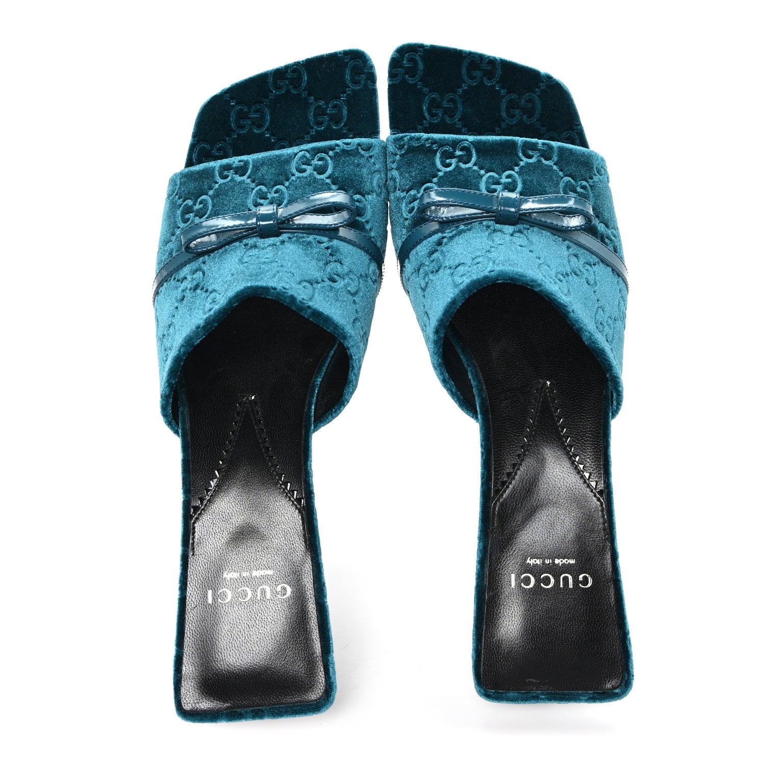 Gucci New Velvet Ashmir Regent Calfskin GG Monogram Square Toe Bow 45mm Slide Sandals Peacock Blue 39.5