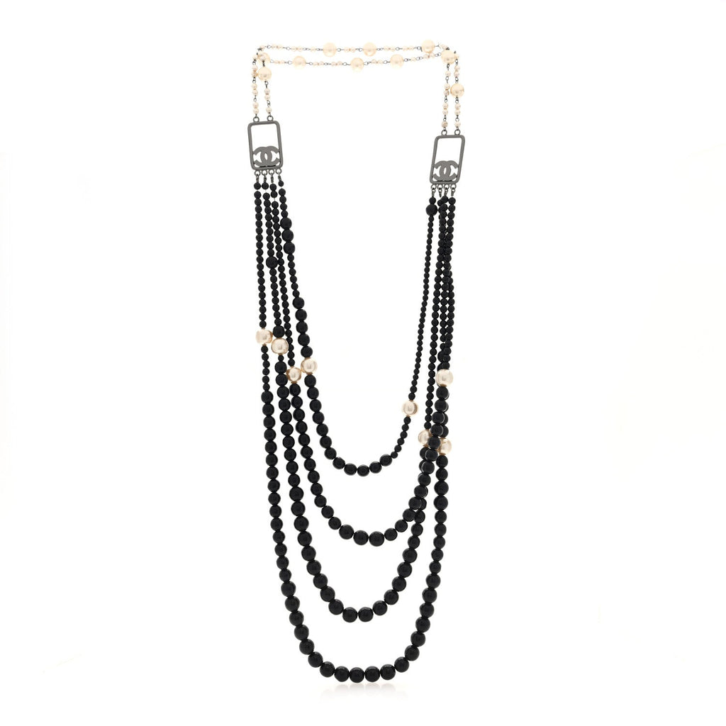 Ruthenium Resin Graduated Beaded Pearl CC Multi Strand Long Necklace Black