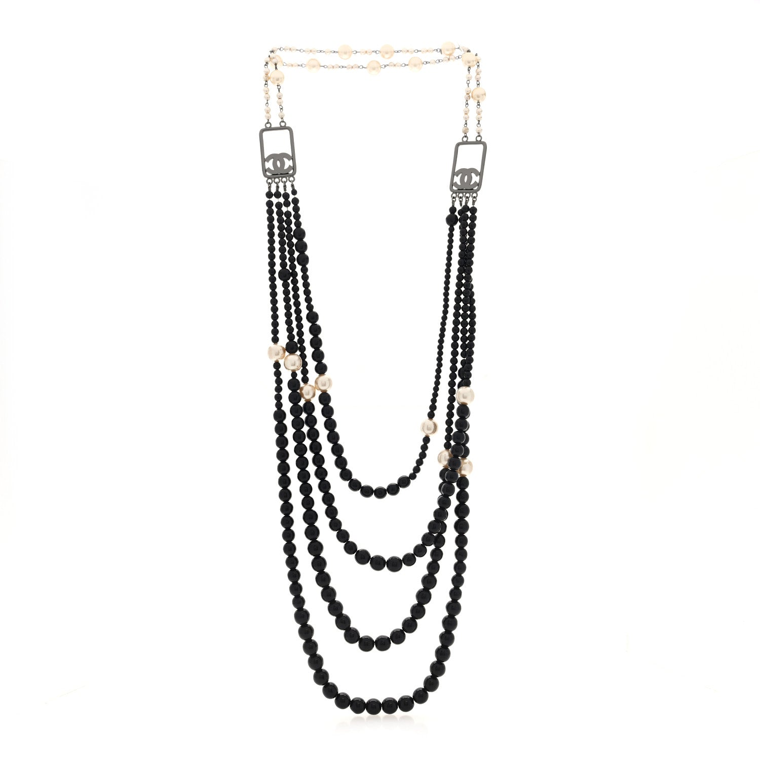Ruthenium Resin Graduated Beaded Pearl CC Multi Strand Long Necklace Black