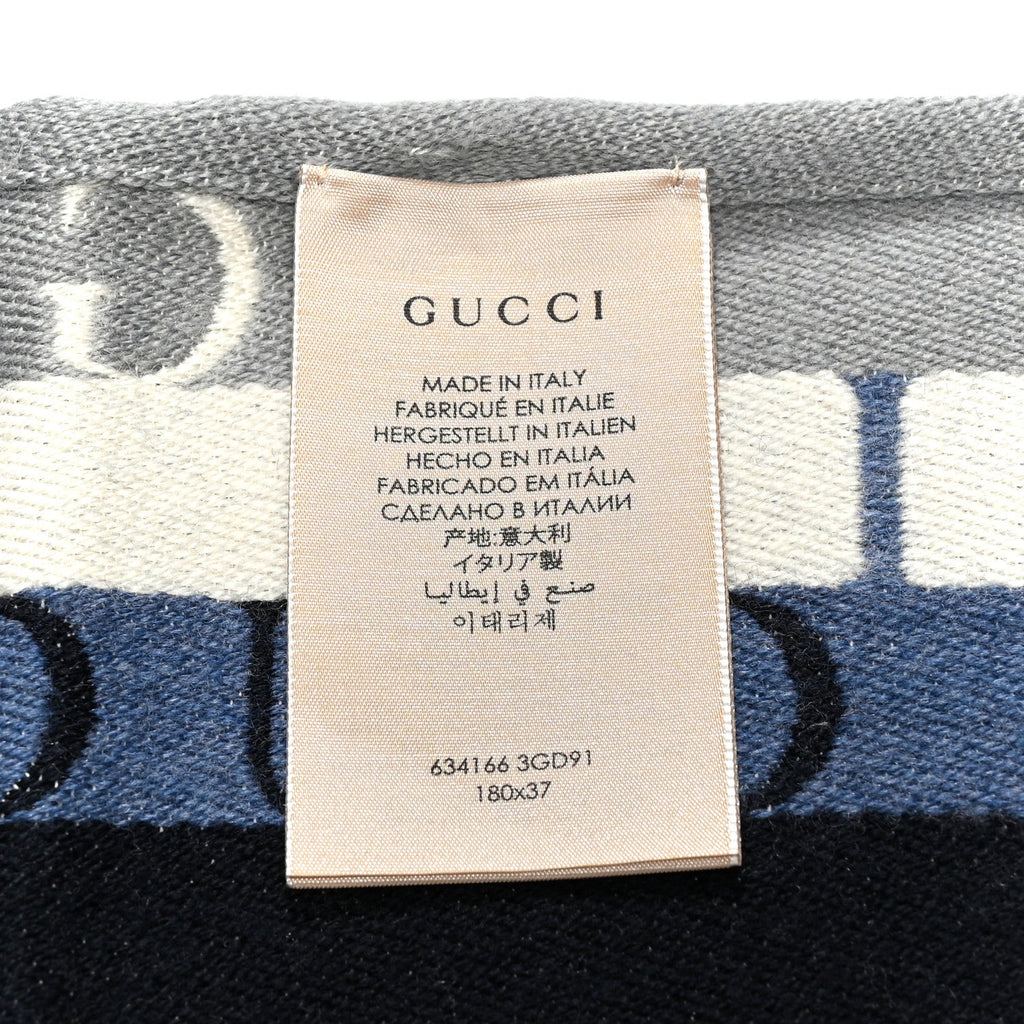Gucci Wool Cotton Logo Wood Stripes Scarf Sky Blue