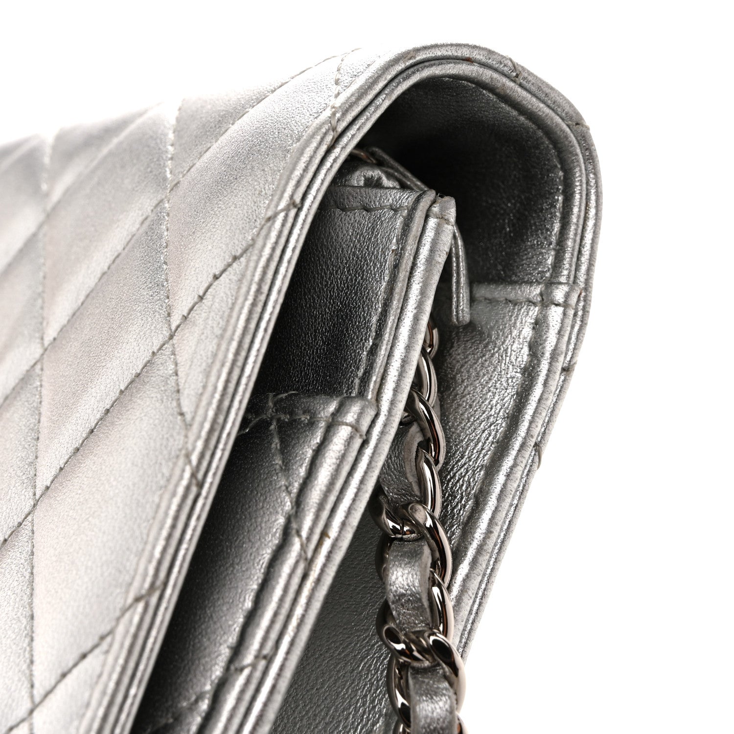 Chanel Metallic Lambskin Quilted Wallet On Chain WOC Silver