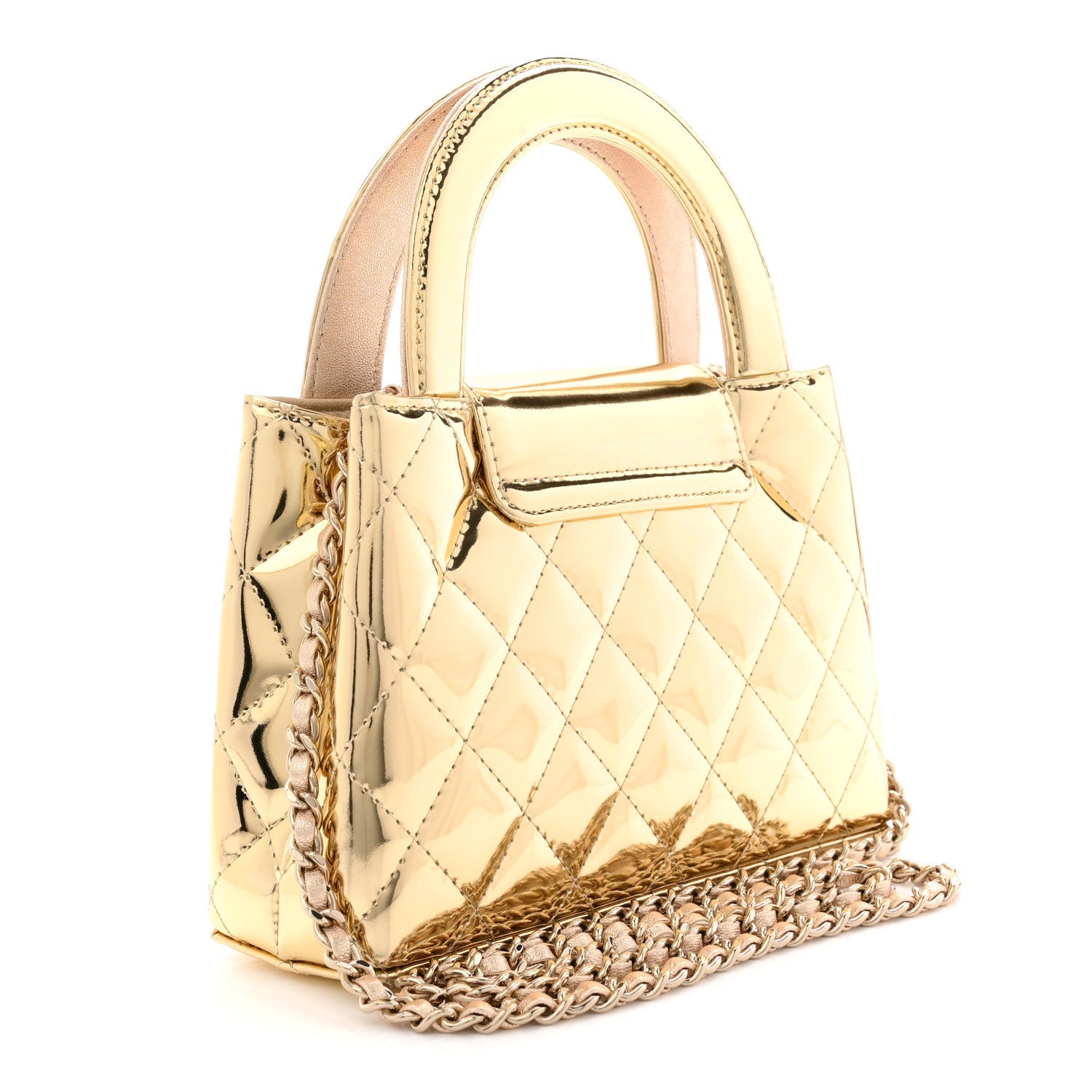 Chanel Mirror Calfskin Metallic Calfskin Quilted Nano Kelly Shopper Gold