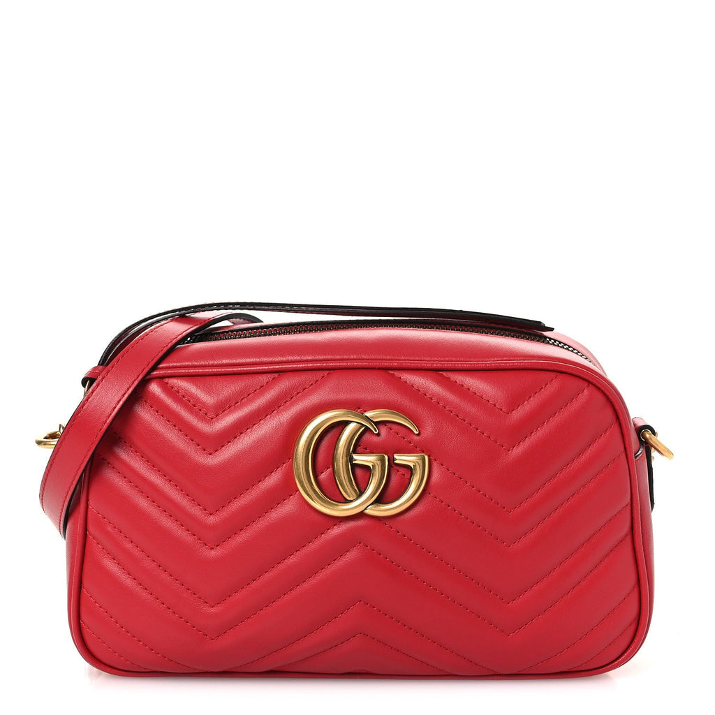 Gucci Calfskin Matelasse Small GG Marmont Chain Shoulder Bag Hibiscus Red