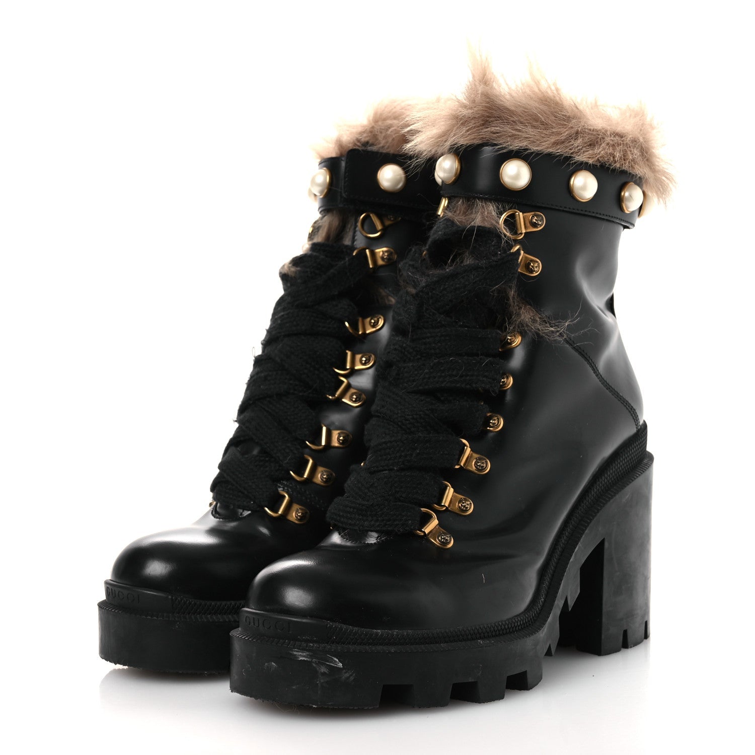 Gucci Magnum Calfskin Fur Pearl Lace Up Combat Ankle Boots 39.5 Black Naturale