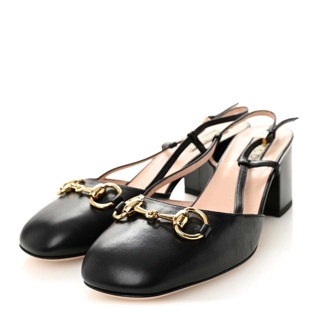 Gucci Malaga Kid Horsebit 70mm Slingback Pumps 36  Black