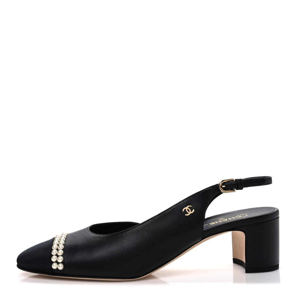 Lambskin Grosgrain Pearl Cap Toe CC Slingback Pumps 40.5 Black