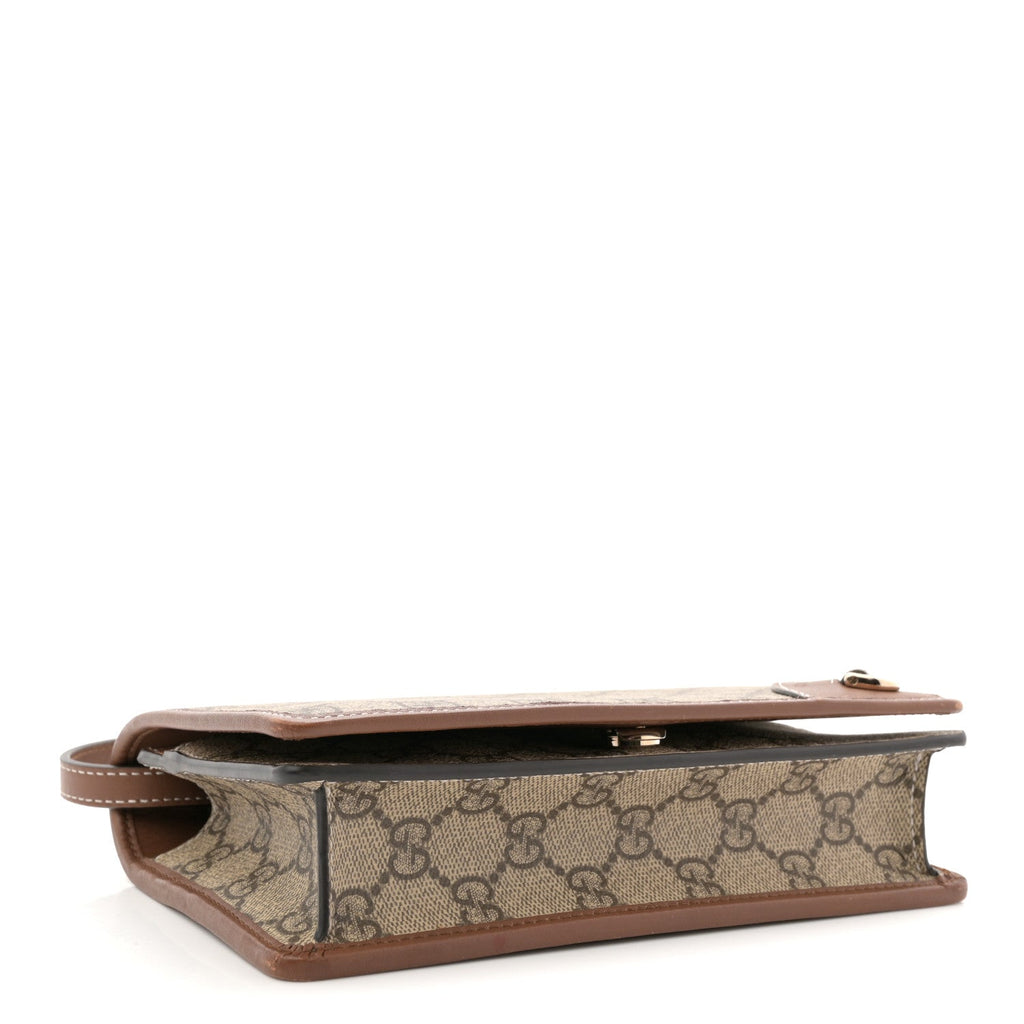 Gucci GG Supreme Monogram Textured Calfskin Emblem Super Mini Shoulder Bag Beige Dark Brown