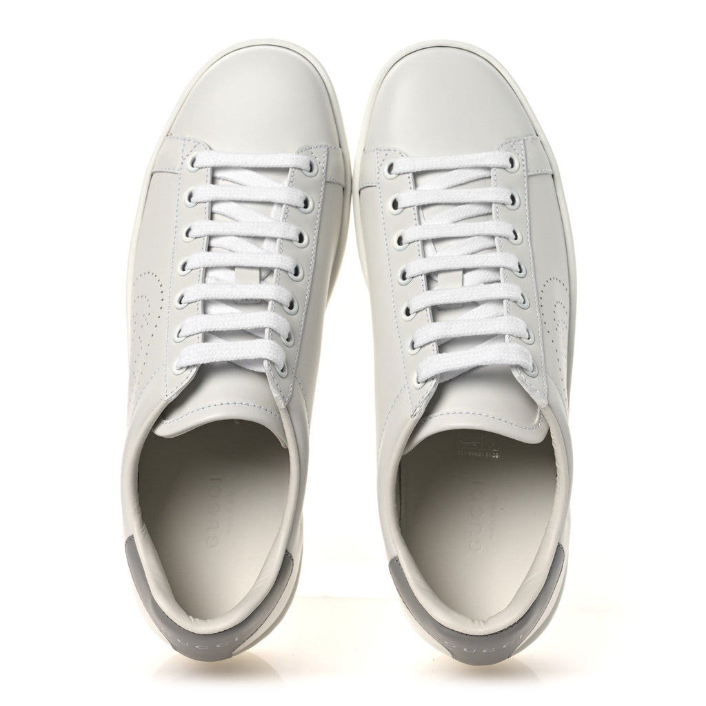 Gucci Calfskin Interlocking G Perforated Womens Ace Sneakers 37 White Grey Sky