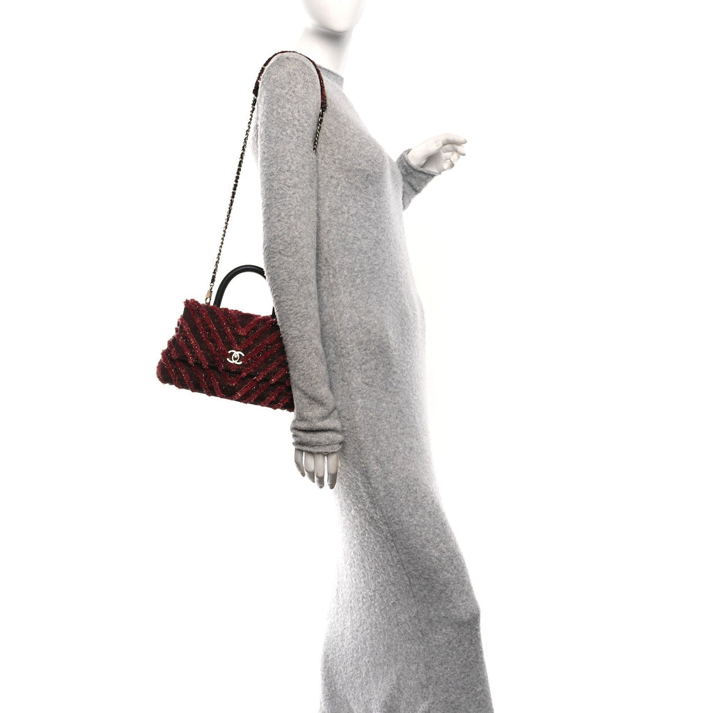 Chanel Tweed Fringe Mini Coco Handle Flap Red Black