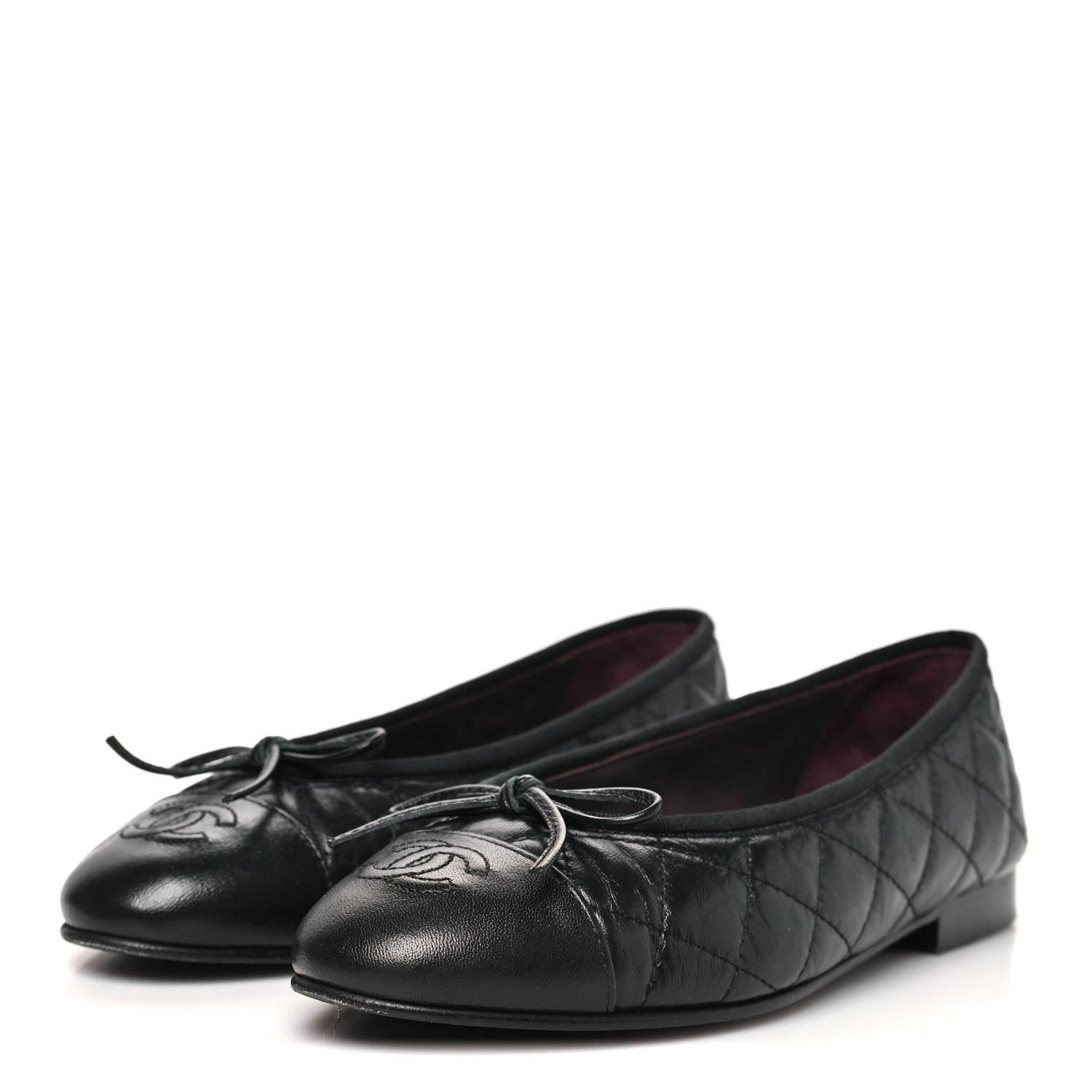 Aged Calfskin Quilted CC Cap Toe Ballerina Flats 35 Black
