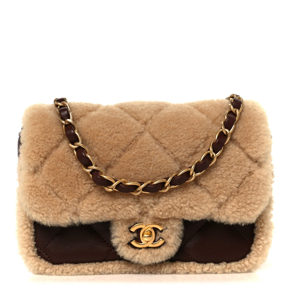 Chanel Shearling Lambskin Quilted Mini Furry Coco Flap Beige Dark Brown