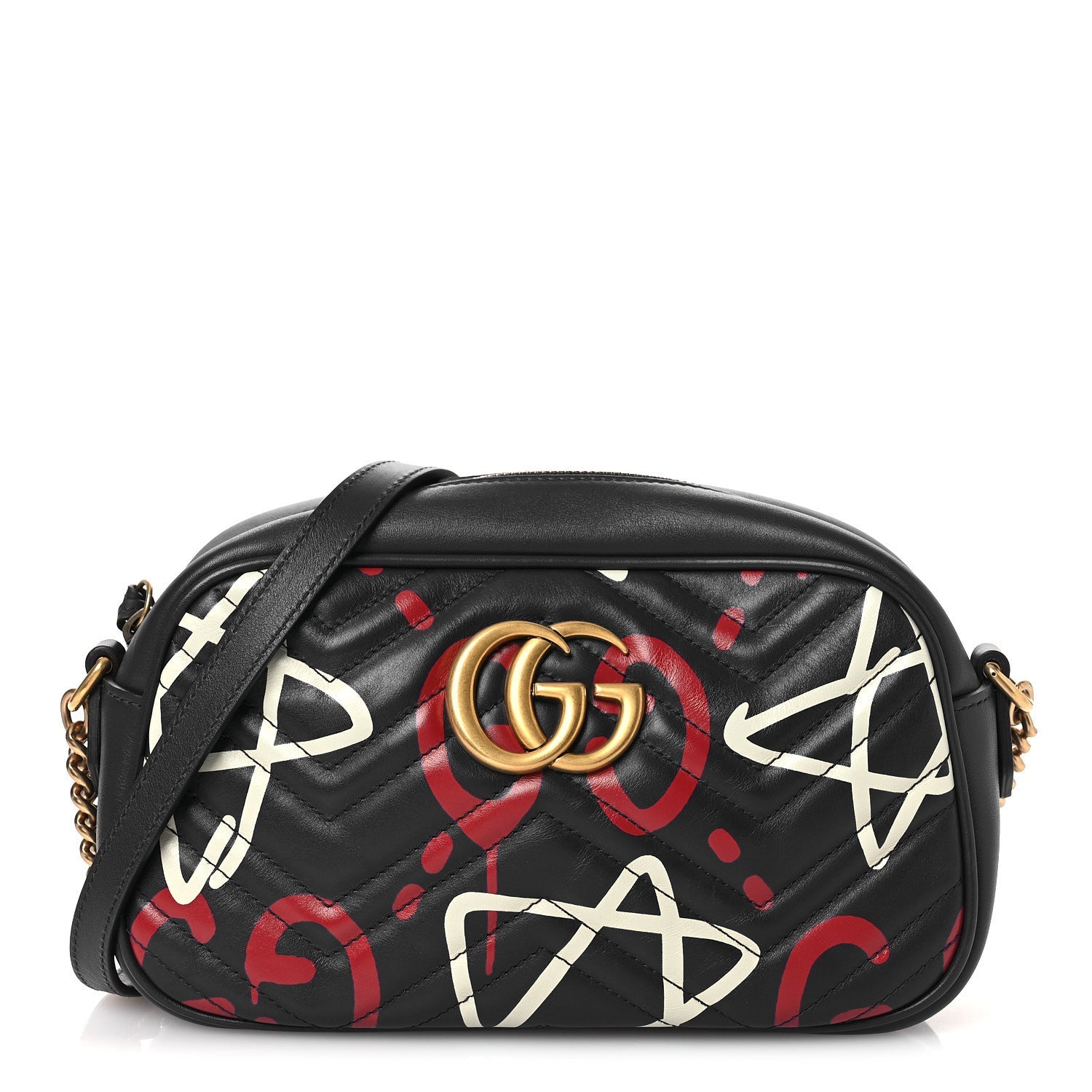 Gucci Calfskin Matelasse GucciGhost Small GG Marmont Chain Shoulder Bag  Black Hibiscus Red