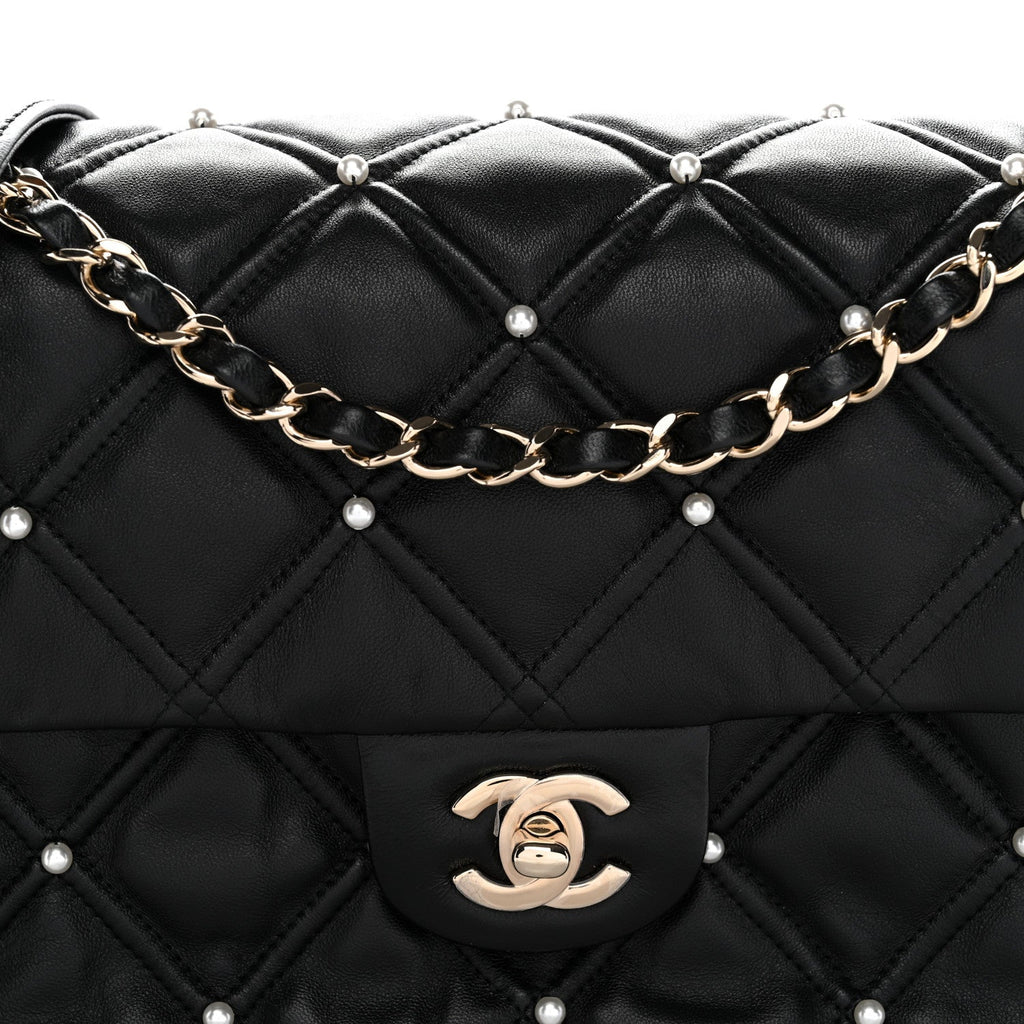 Chanel Lambskin Quilted Pearl Studded Flap Black