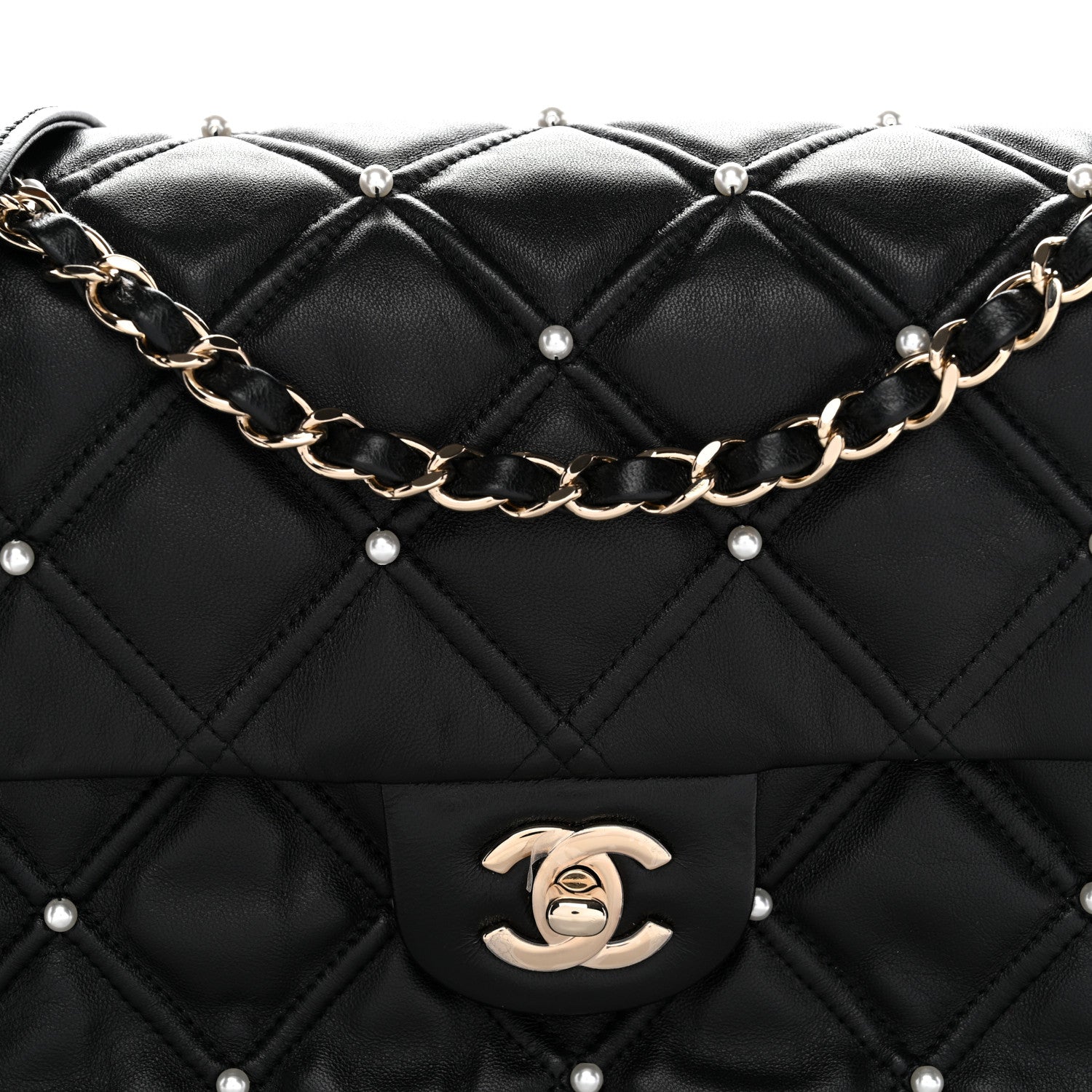 Chanel Lambskin Quilted Pearl Studded Flap Black