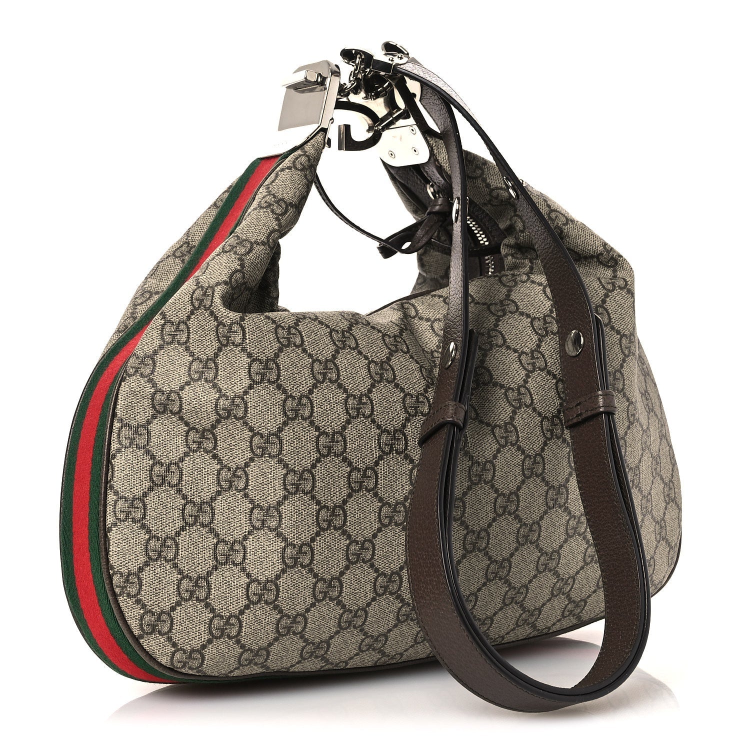 Gucci GG Supreme Monogram Textured Calfskin Web Large Attache Shoulder Bag Beige Ebony New Acero