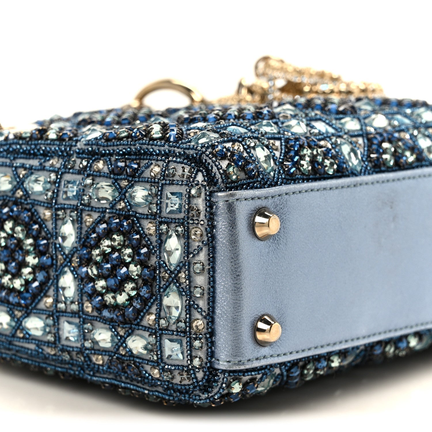 Christian Dior Metallic Calfskin Satin Celestial Bead Embroidery Cannage Mini Lady Dior Blue