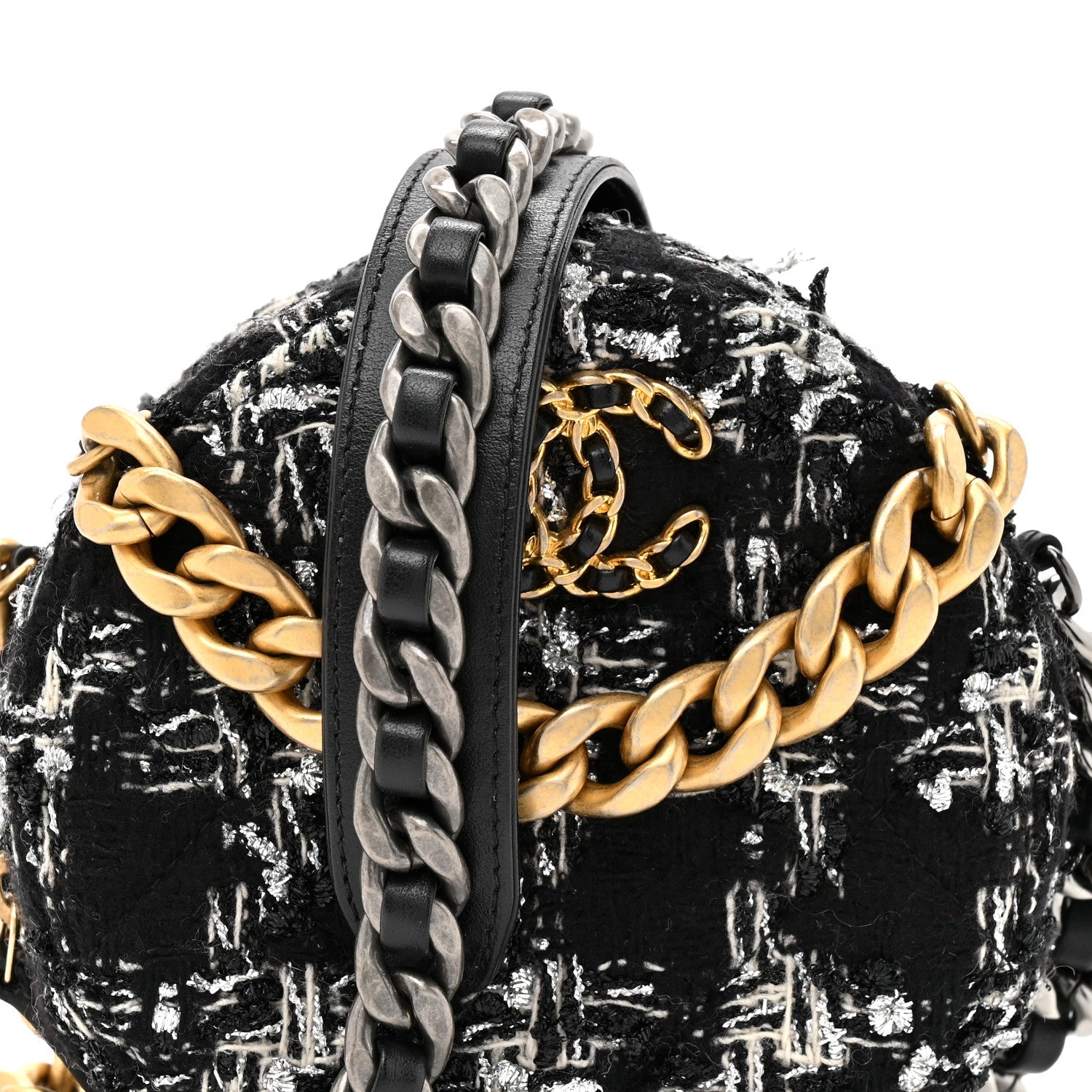 Chanel Tweed Quilted 19 Round Clutch With Chain Black White