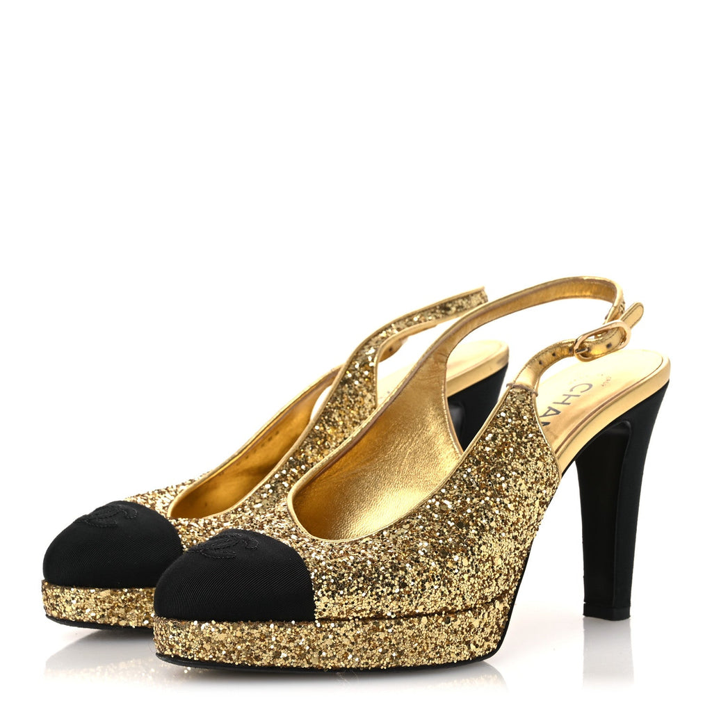 Glitter Grosgrain Cap Toe CC Slingback Pumps 38 Gold Black