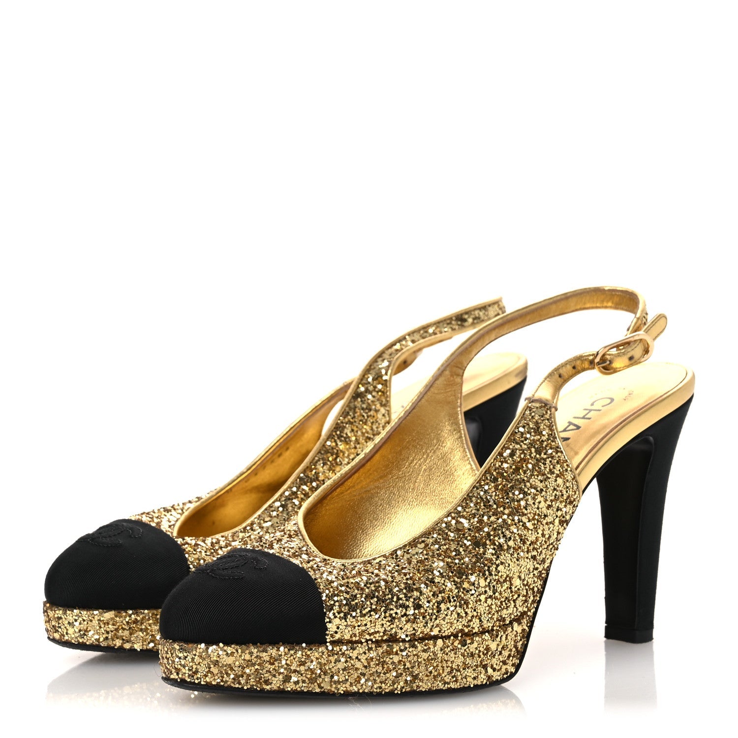 Glitter Grosgrain Cap Toe CC Slingback Pumps 38 Gold Black