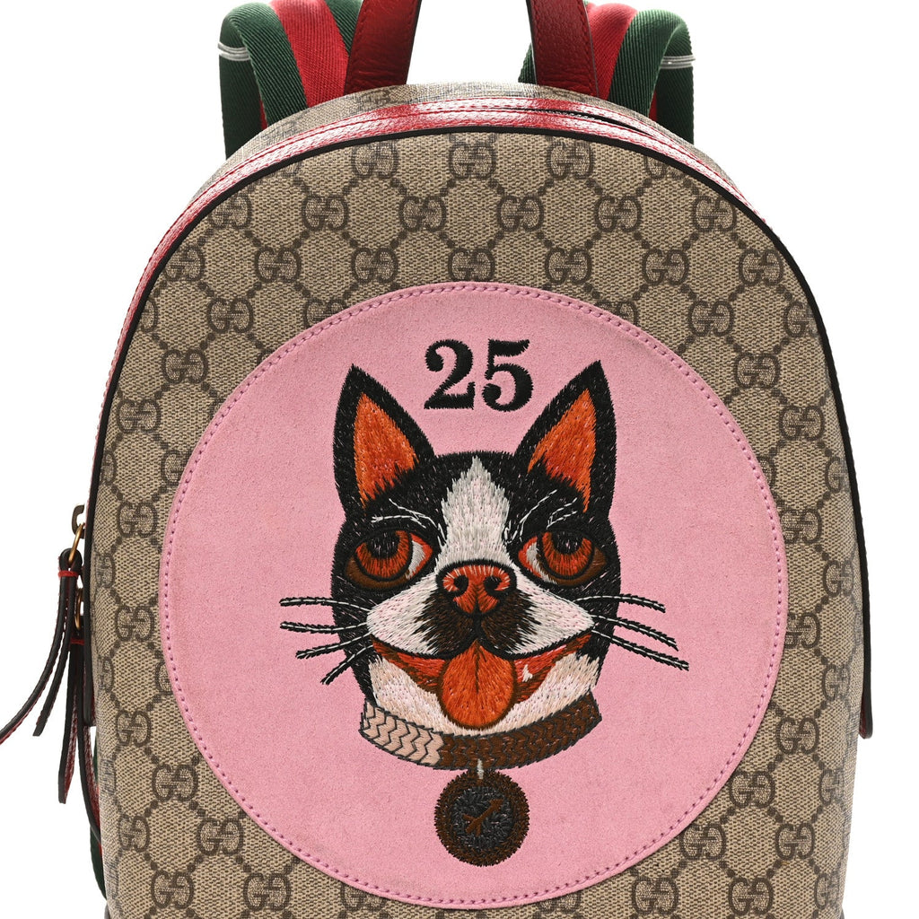 Gucci GG Supreme Monogram Web Bosco Patch Dome Backpack Beige Malva Hibiscus Red