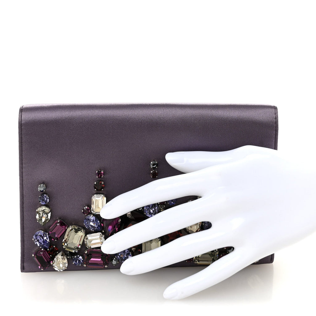 Prada Satin Raso Crystal Embellished Clutch Mirtillo