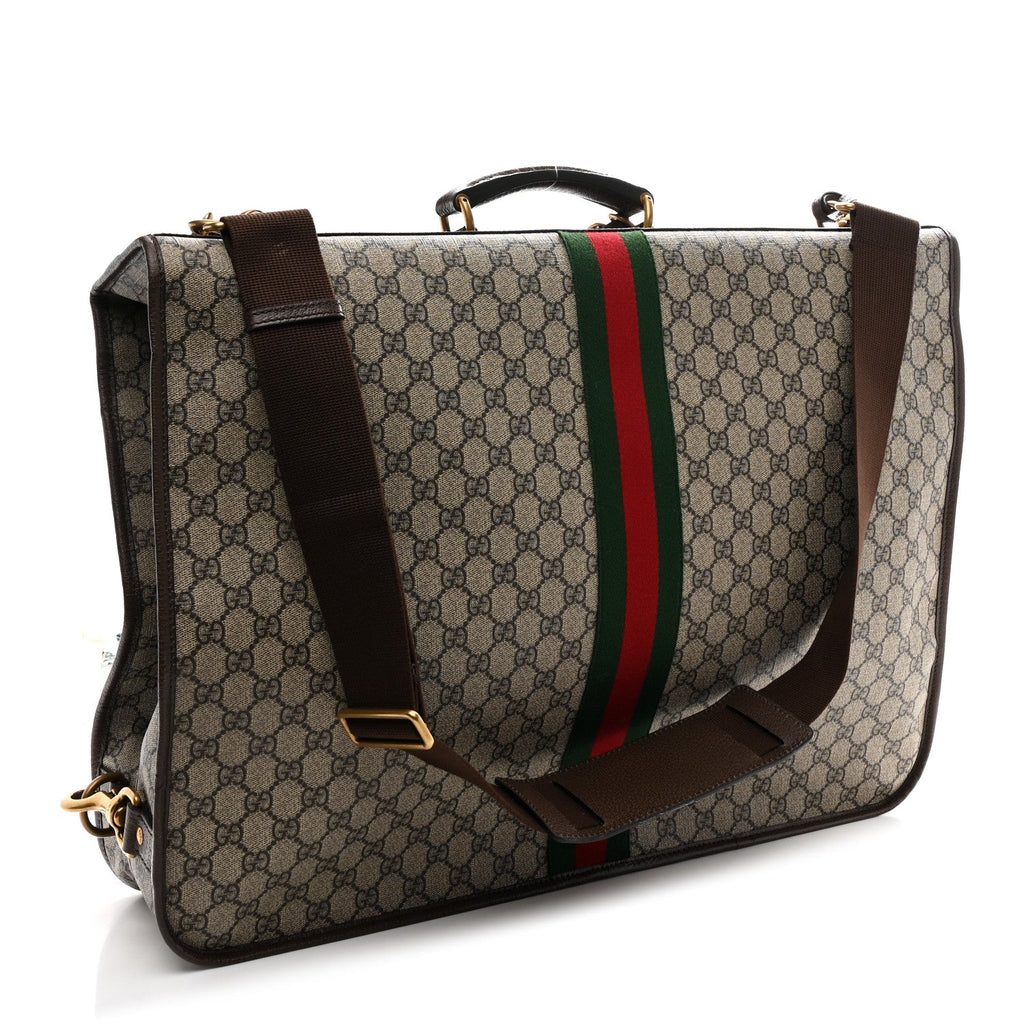Gucci GG Supreme Monogram Textured Dollar Calfskin Web Ophidia Savoy Garment Bag Beige Ebony New Acero