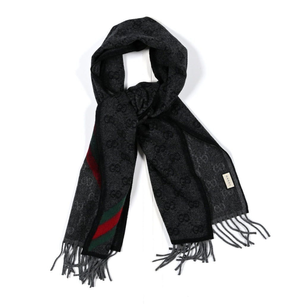 Gucci Wool Angora Monogram Web New Nikky Scarf Lead Dark Green