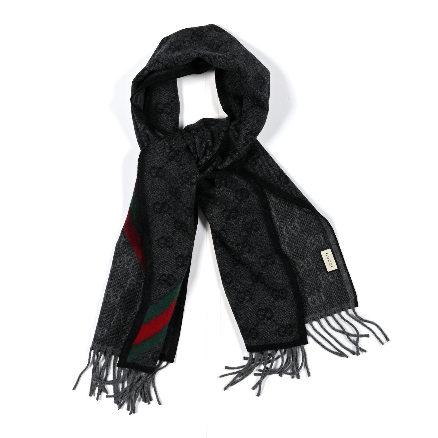 Gucci Wool Angora Monogram Web New Nikky Scarf Lead Dark Green