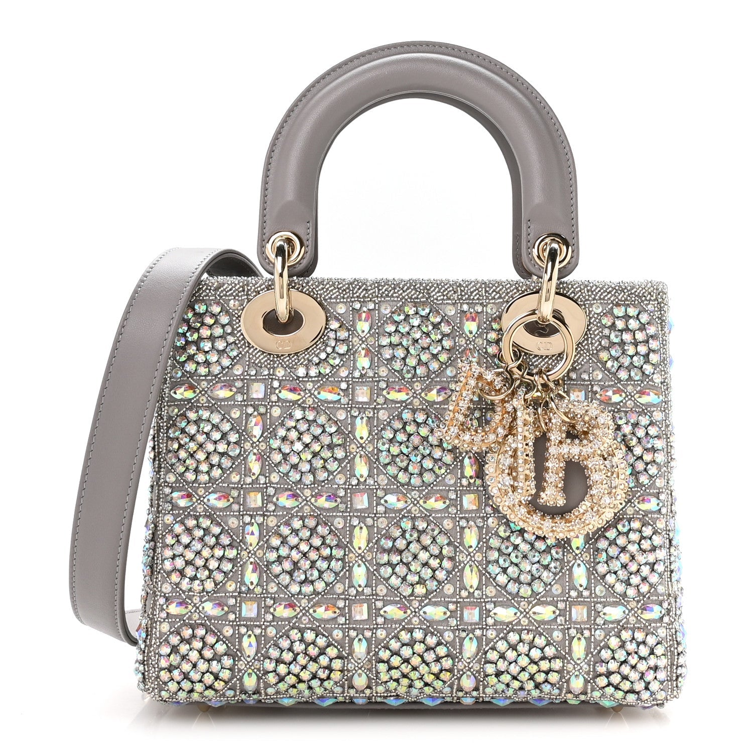 Christian Dior Calfskin Satin Celestial Bead Embroidery Embroidered Small Lady Dior Grey Multicolor