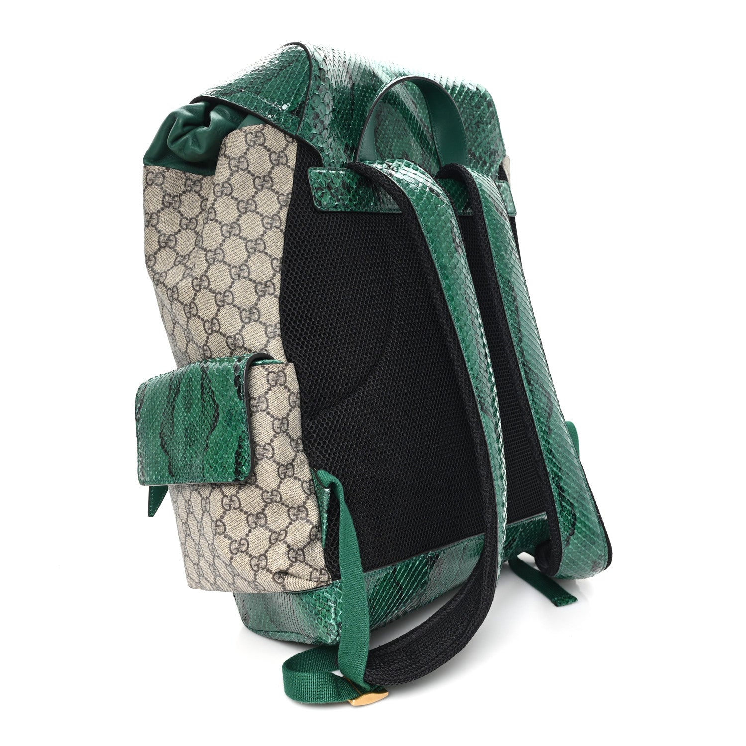 Gucci GG Supreme Monogram Snakeskin Ophidia Double Buckle Backpack Brown Green