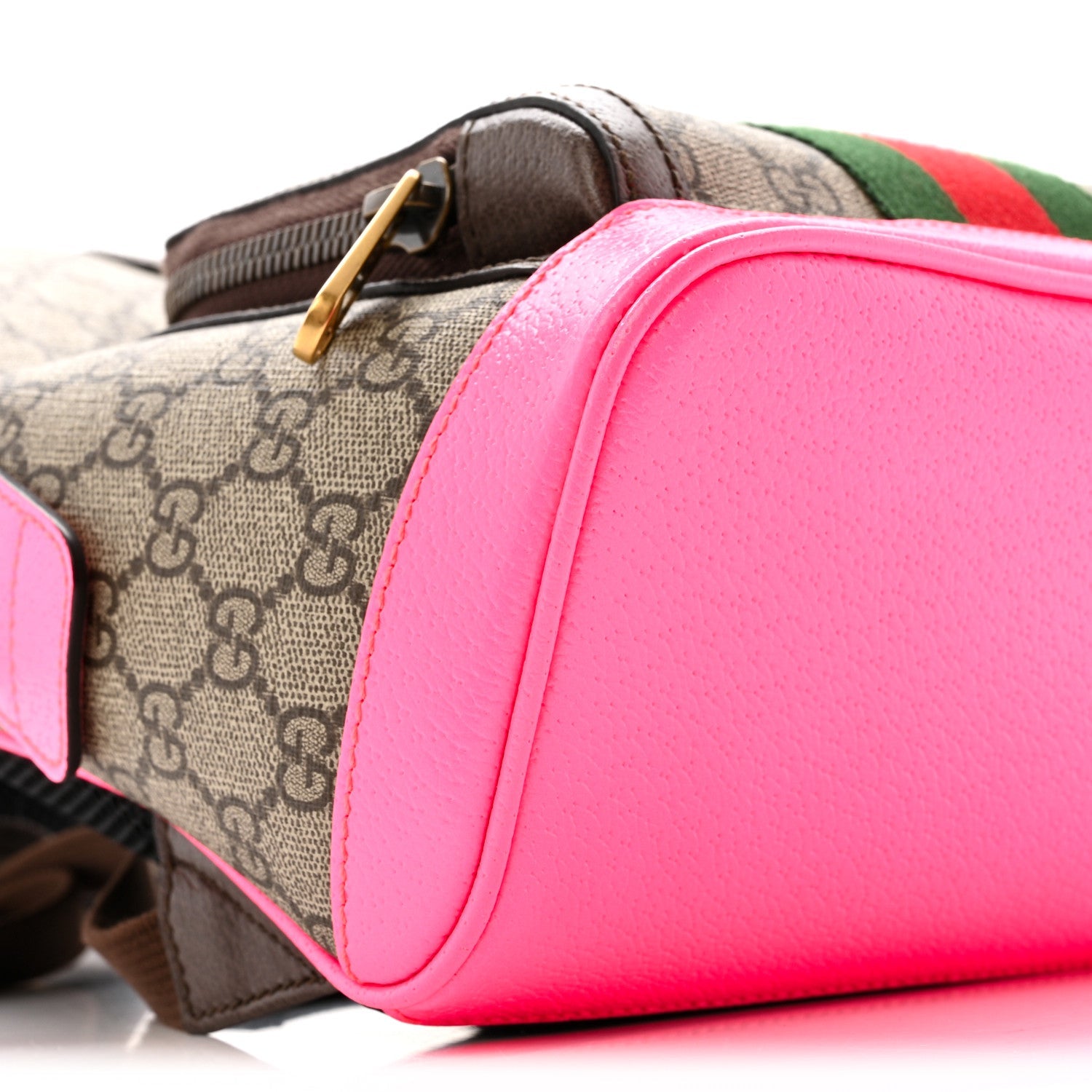 Gucci GG Supreme Monogram Textured Dollar Calfskin Web Small Ophidia Day Backpack Beige Ebony Fluorescent Fuchsia