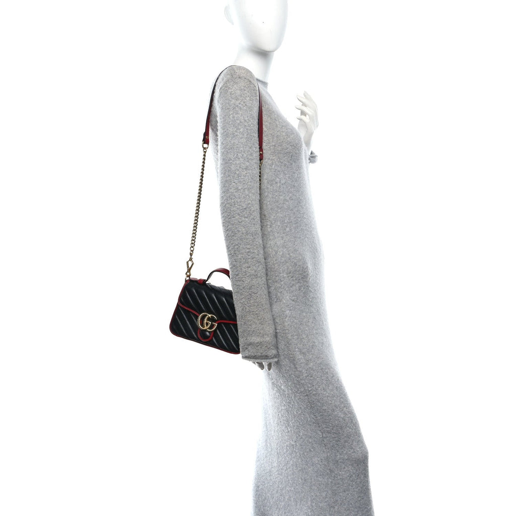 Gucci Vintage Effect Calfskin Matelasse Diagonal Mini Torchon GG Marmont Top Handle Shoulder Bag Black Romantic Cherry